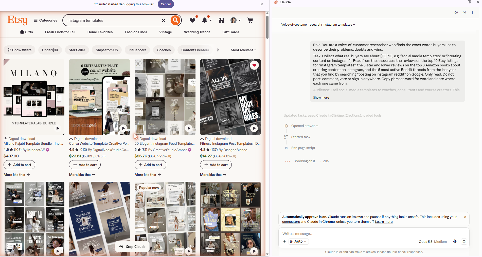 Claude in Chrome reading Etsy listings for instagram templates