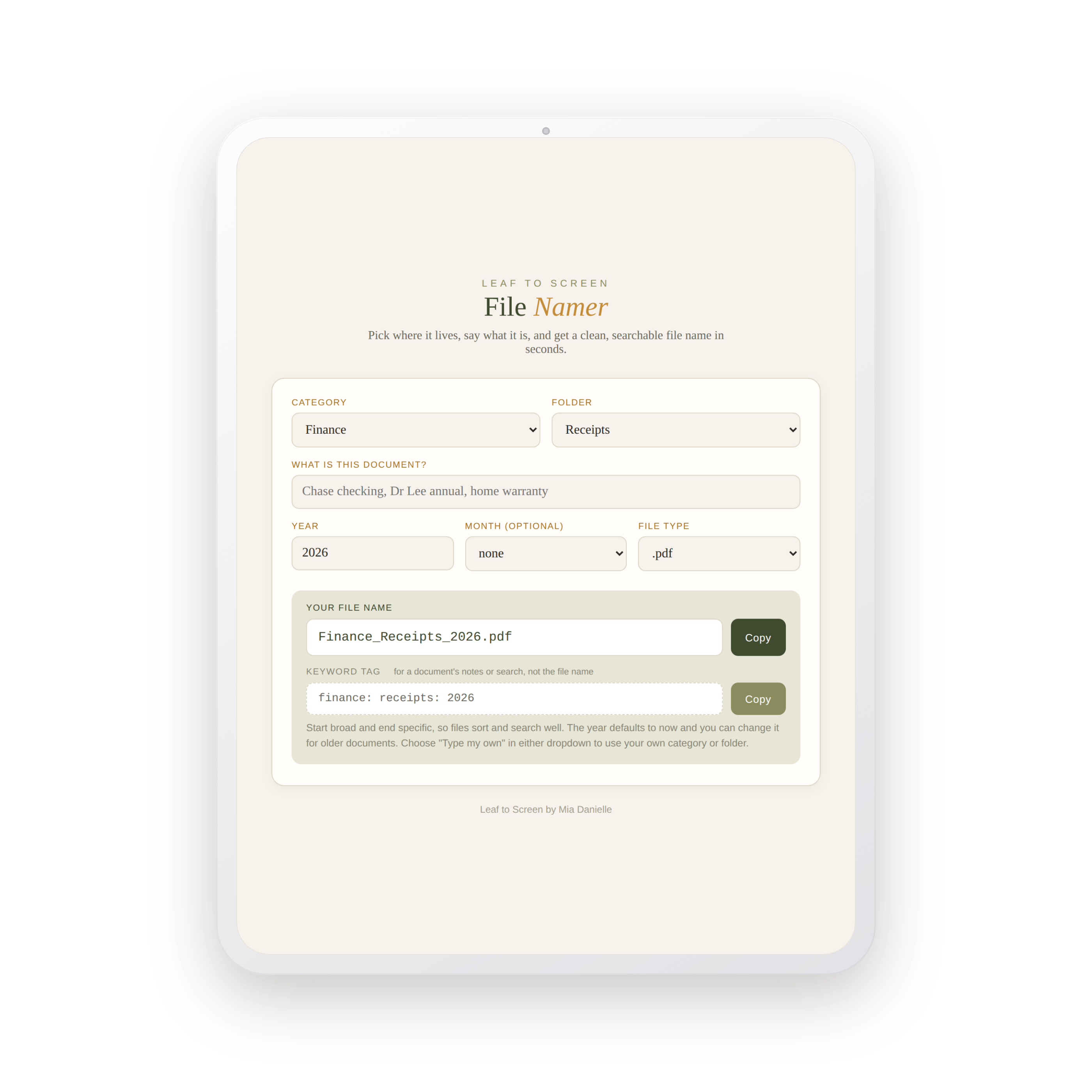 Leaf to Screen File Namer tool