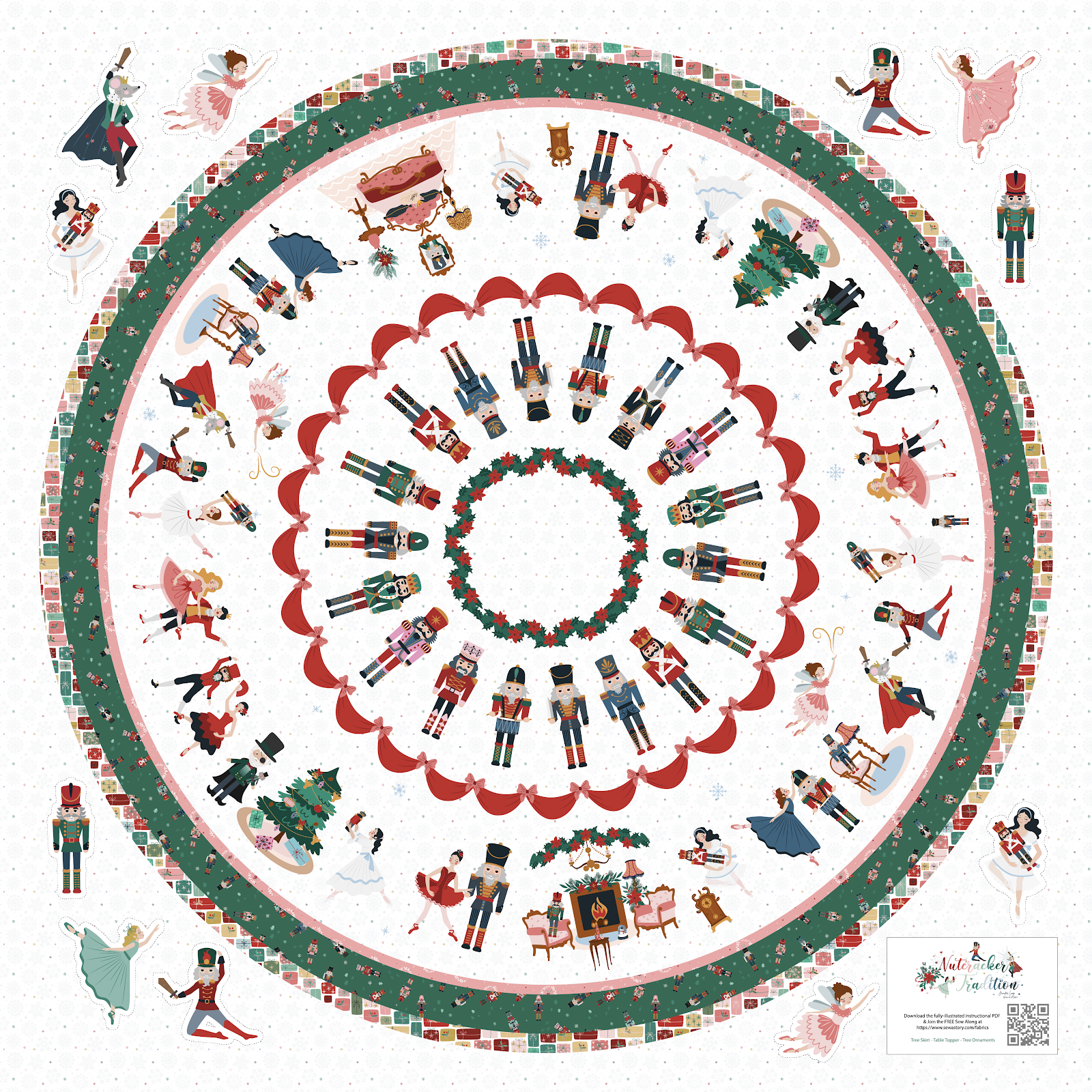 Illustration of the full Nutcracker Tree Skirt panel with 11 ornaments