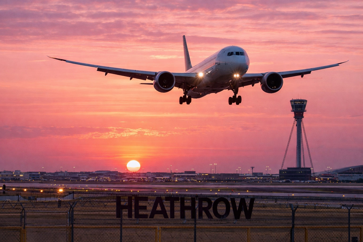 Plane landing at Heathrow at sunset