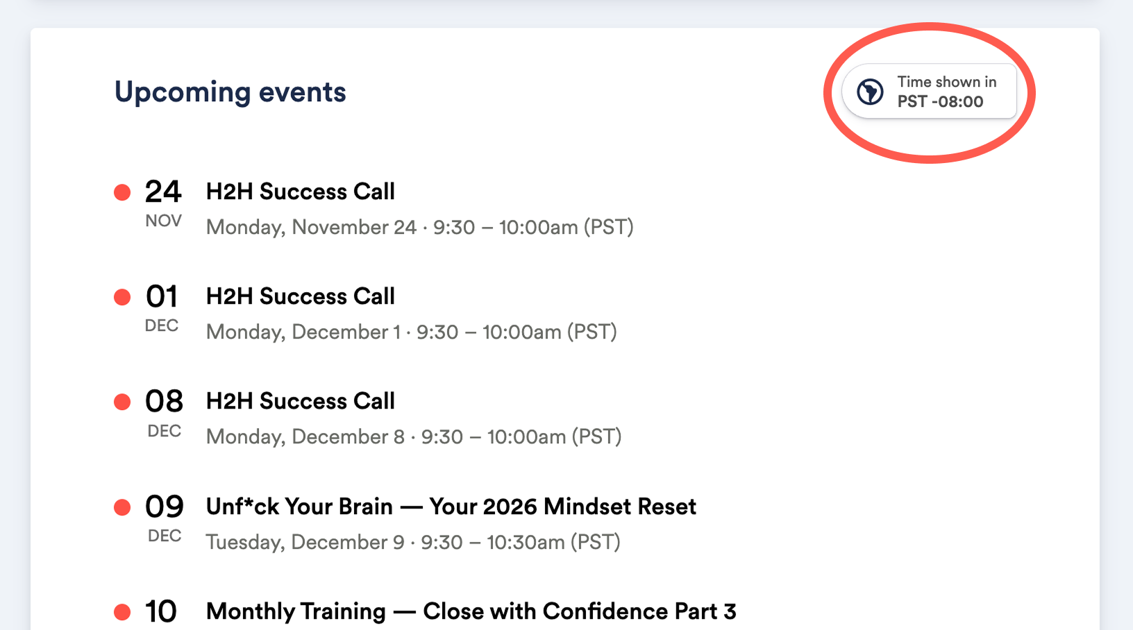 Calendar subscription page showing where to select the time zone