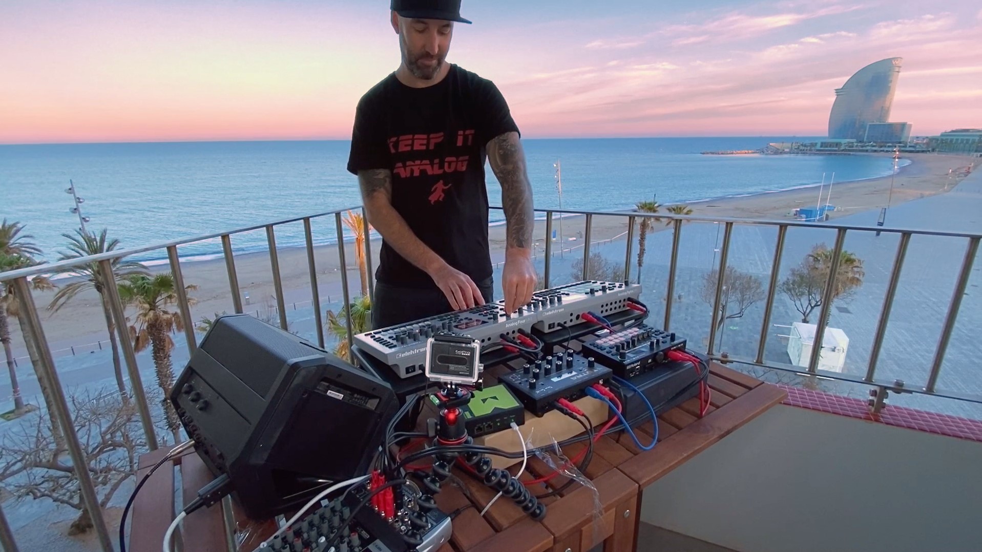 Analog Sol performing live electronic music in Barcelona, setup with synths and drum machines