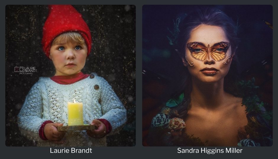 Two Tara Lesher Education member creations showing artistic portrait edits with creative lighting, styling, and atmosphere.