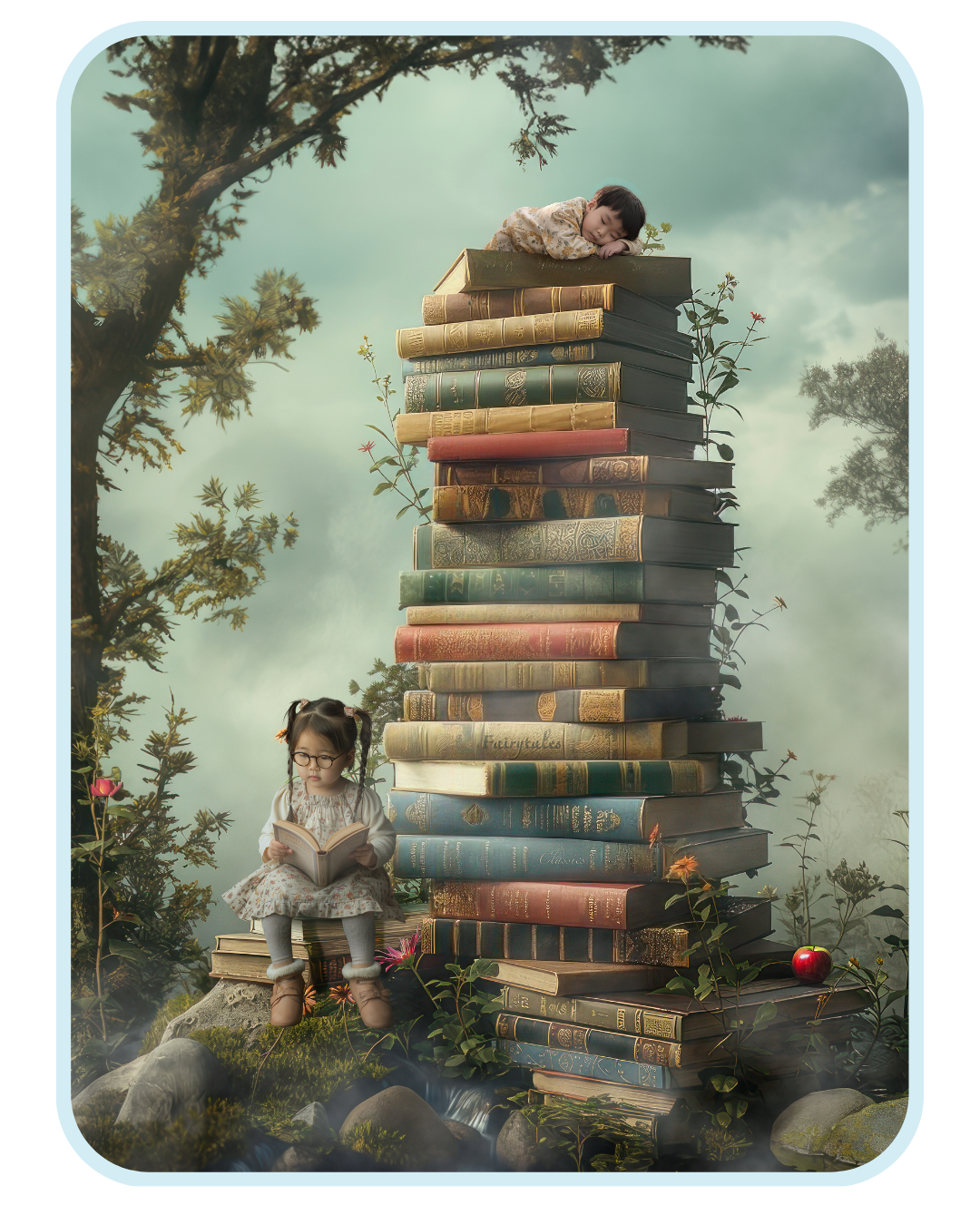 Fantasy composite image of children with an oversized stack of books in a dreamy outdoor storybook scene.