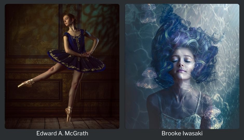 Member artwork showcase featuring a child portrait with a glowing candle and a dramatic fantasy portrait.