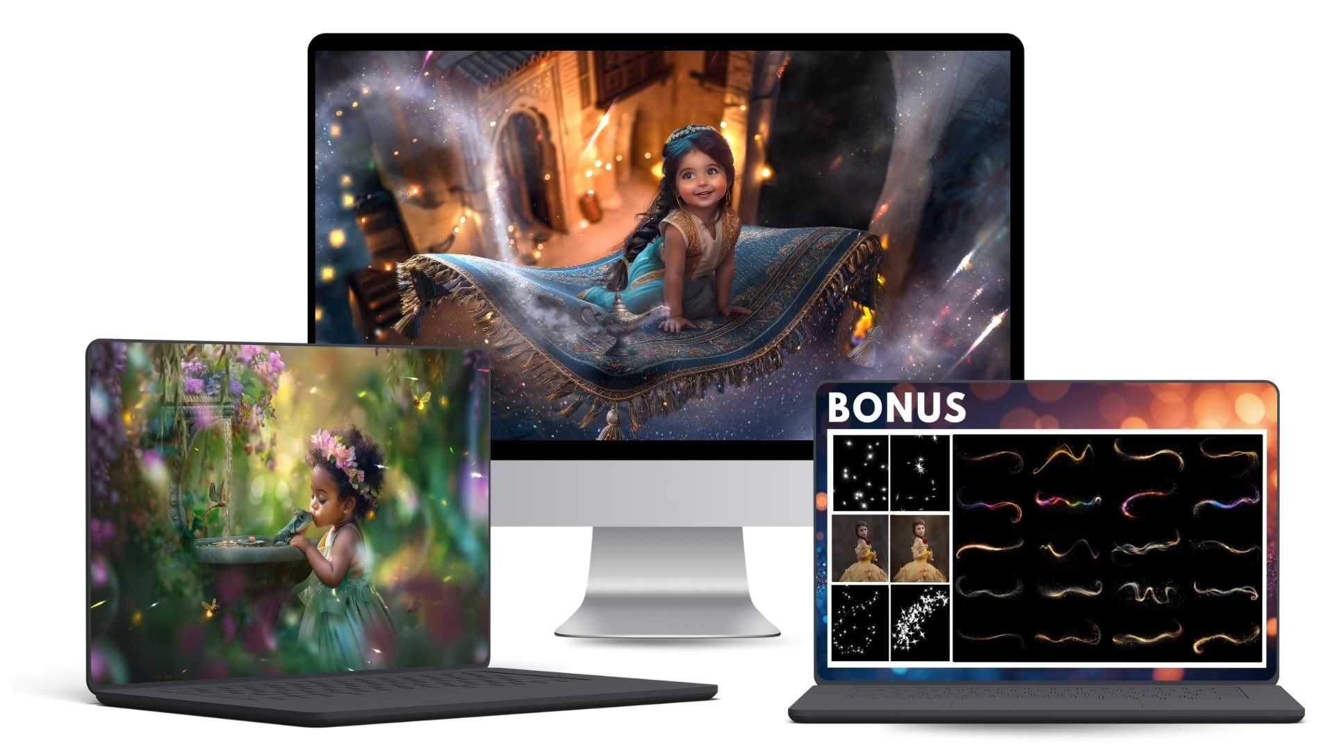 Mock up of 3 computer screens showcasing the Princess photoshop bundle
