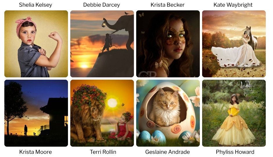 Collage of Tara Lesher Education member creations featuring whimsical portraits, fantasy composites, animals, and story inspired artwork.