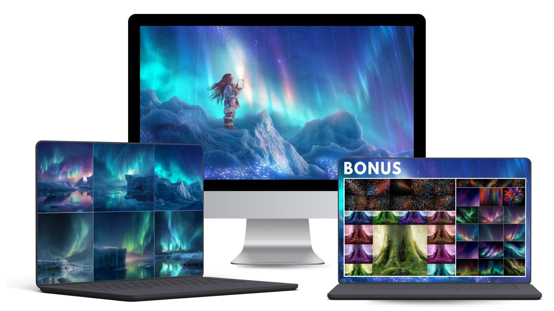 Mock up of 3 computer screens showcasing the aurora photoshop bundle