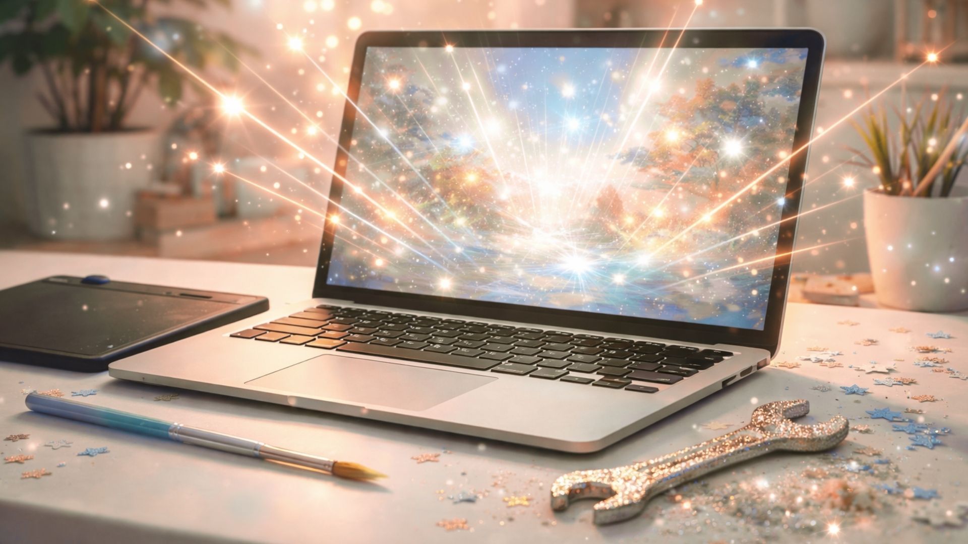 Laptop displaying a glowing creative image with sparkles, art brushes, and digital tools on a desk.