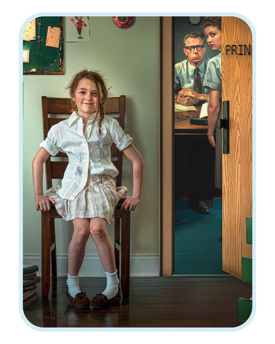 Creative composite image of a young girl sitting in a chair while two adults peek through a classroom doorway behind her.