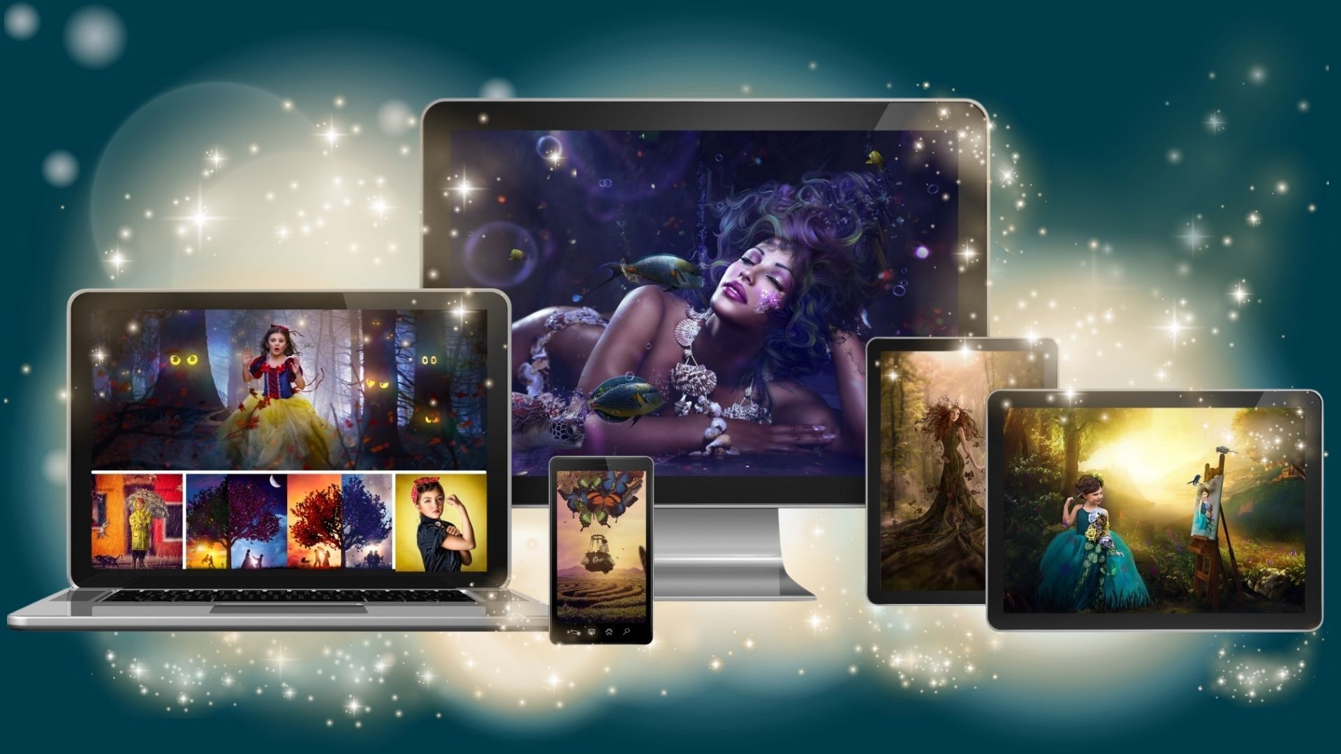 Multiple digital devices displaying fantasy Photoshop composites with glowing sparkles on a dark teal background.