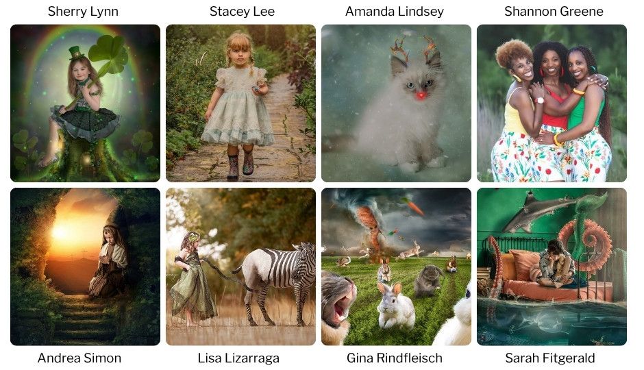 Gallery of creative member artwork featuring children, fantasy scenes, animals, and styled portrait composites.