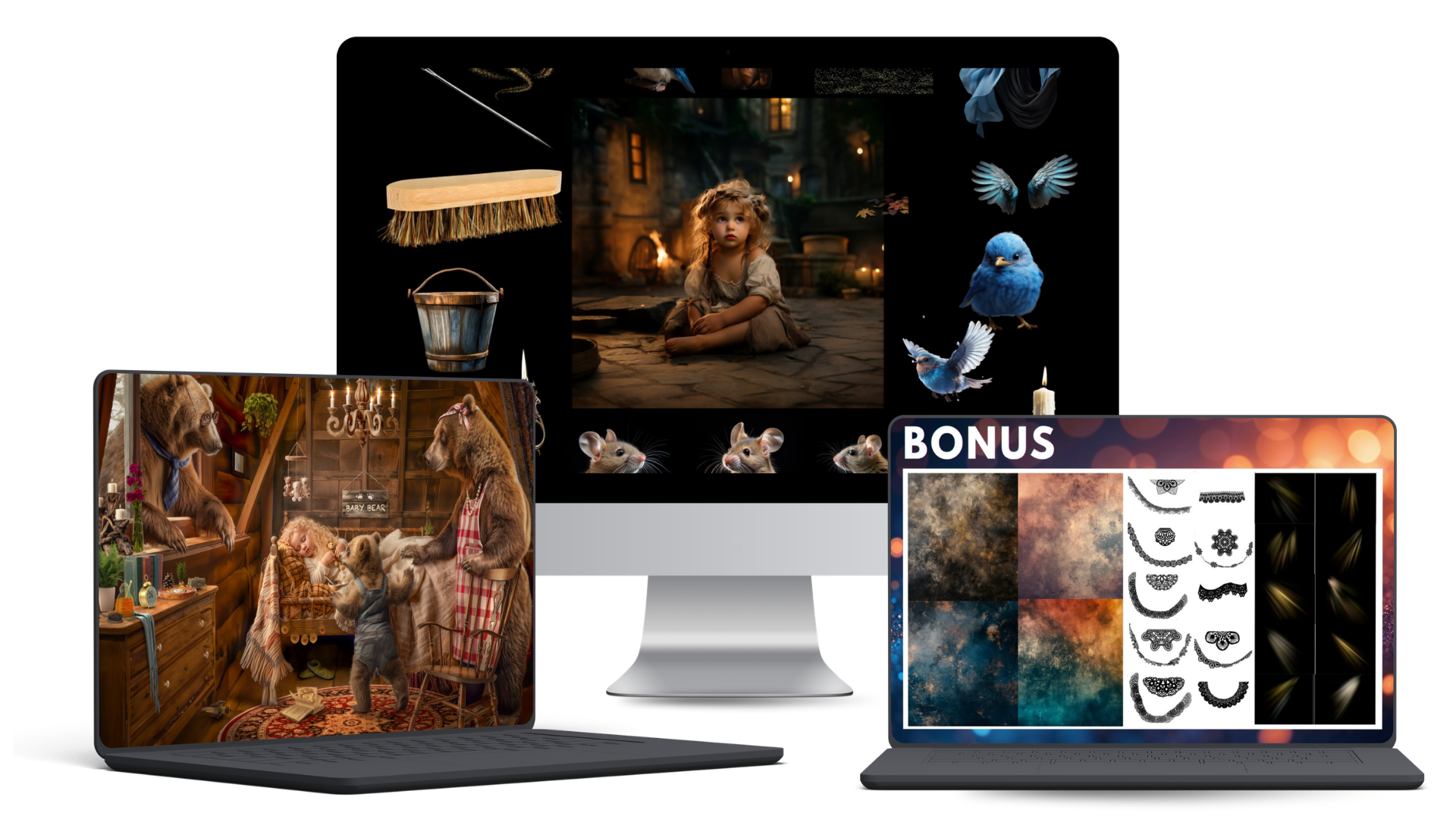 Mock up of 3 computer screens showcasing the fairytale photoshop bundle