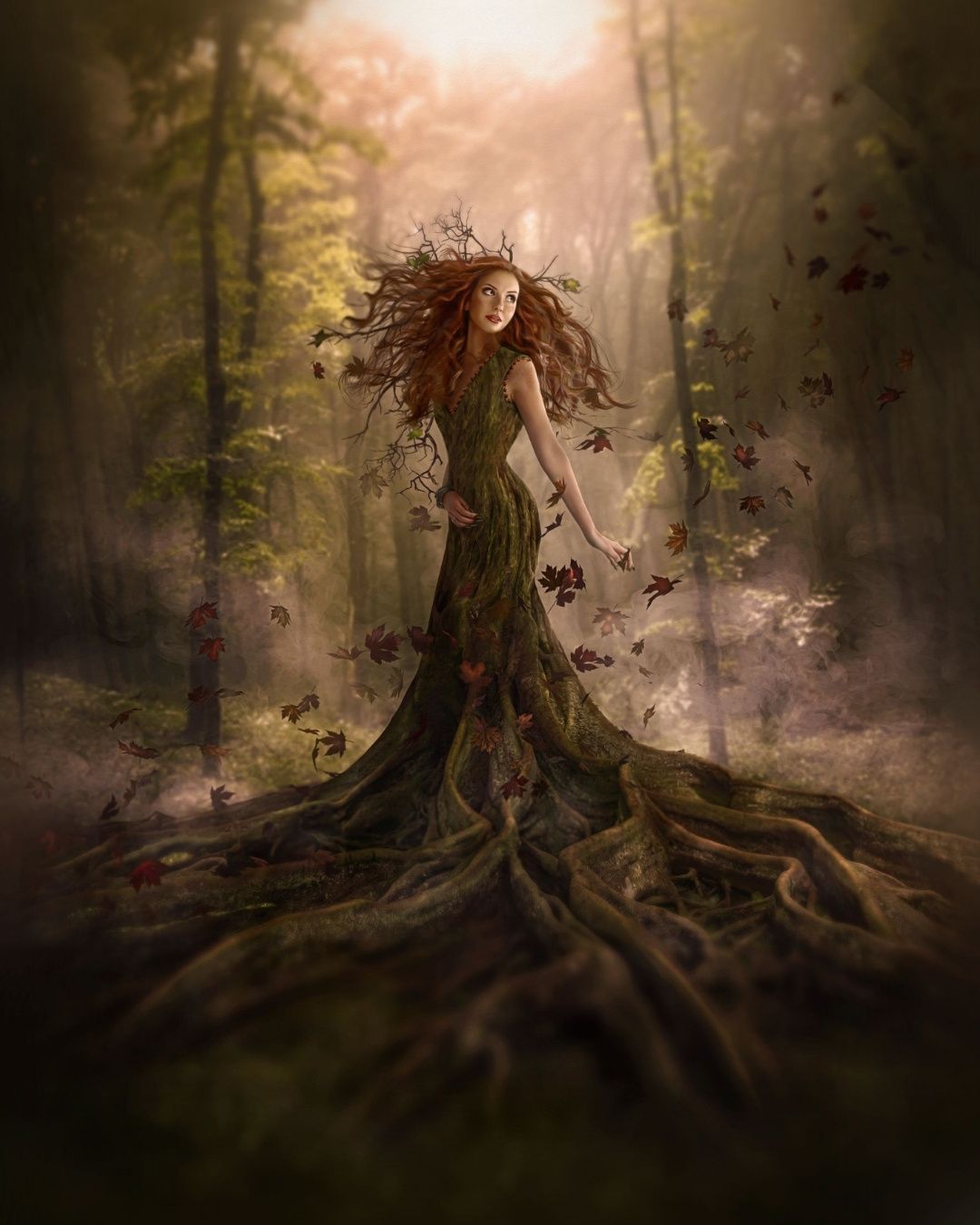 Fantasy forest composite of a woman in a tree-like dress surrounded by roots, leaves, and soft glowing light.