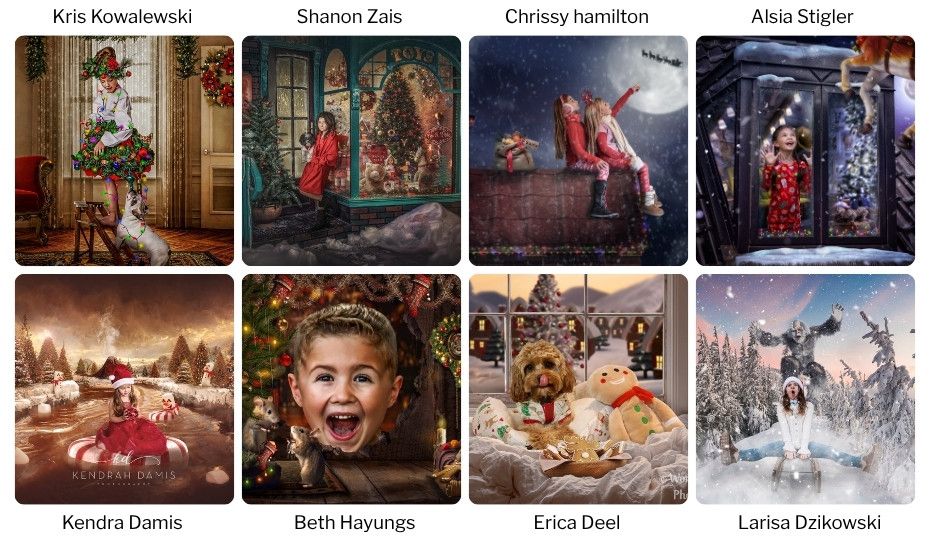 Member showcase collage displaying imaginative Photoshop composites and finished creative images from the Tara Lesher Education community.