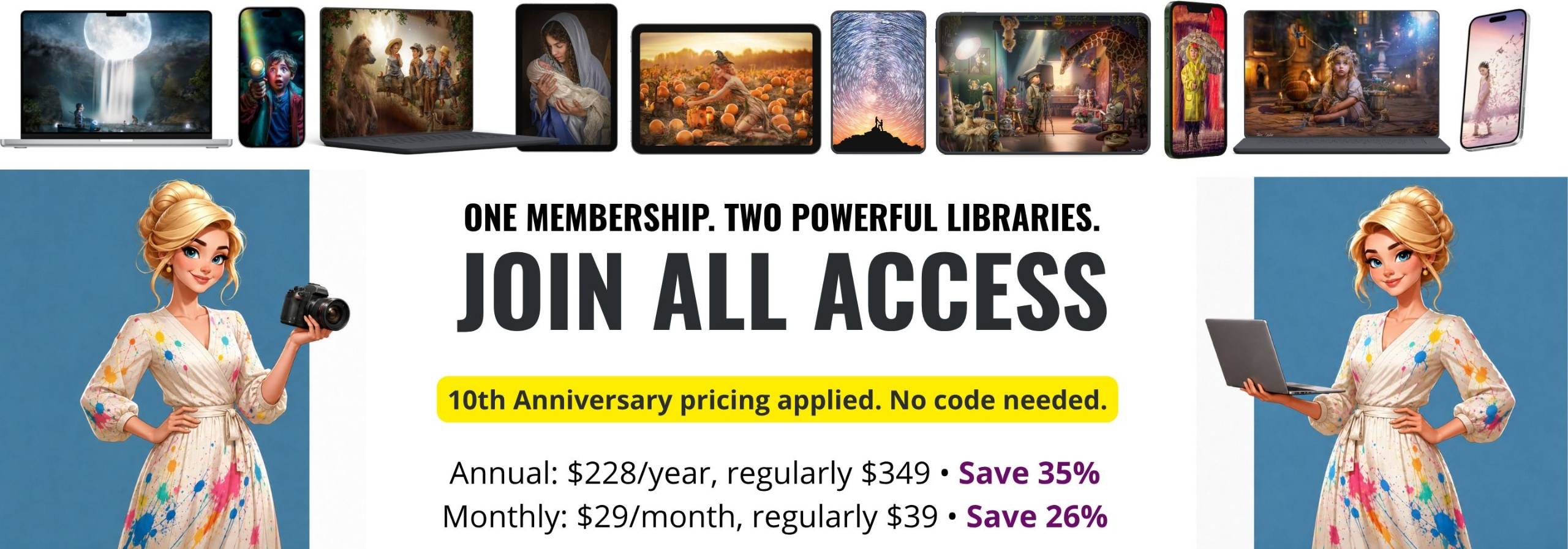 Tara Lesher Education All Access membership graphic featuring creative composite artwork displayed across multiple devices, with illustrated photographer and creator figures alongside anniversary membership pricing.