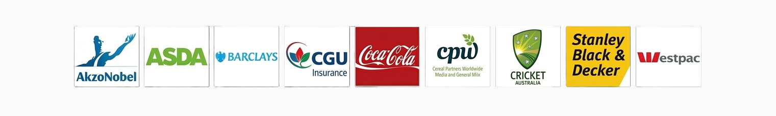 Logo strip featuring AkzoNobel, ASDA, Barclays, CGU Insurance, Coca-Cola, CPM, Cricket Australia, Stanley Black & Decker, and Westpac