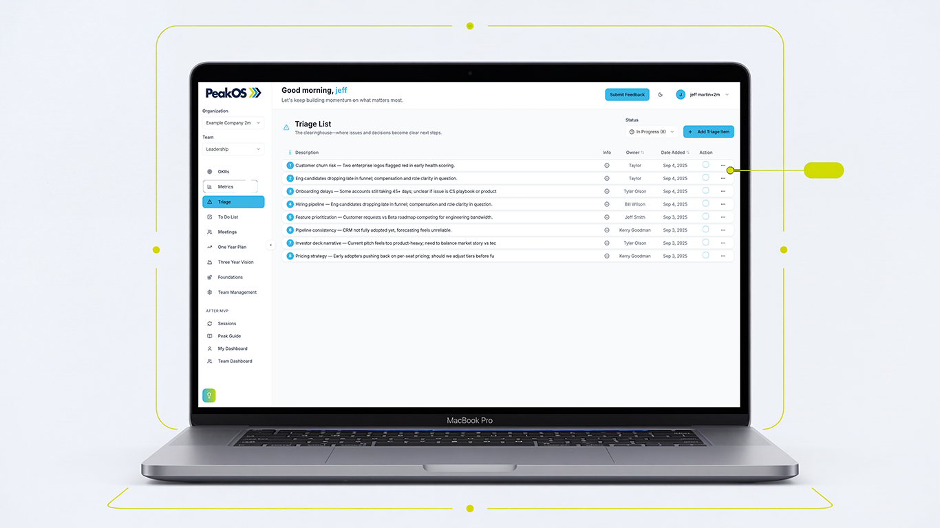 Peak OS Triage screen used to prioritize organizational issues, make decisions, and create follow-through