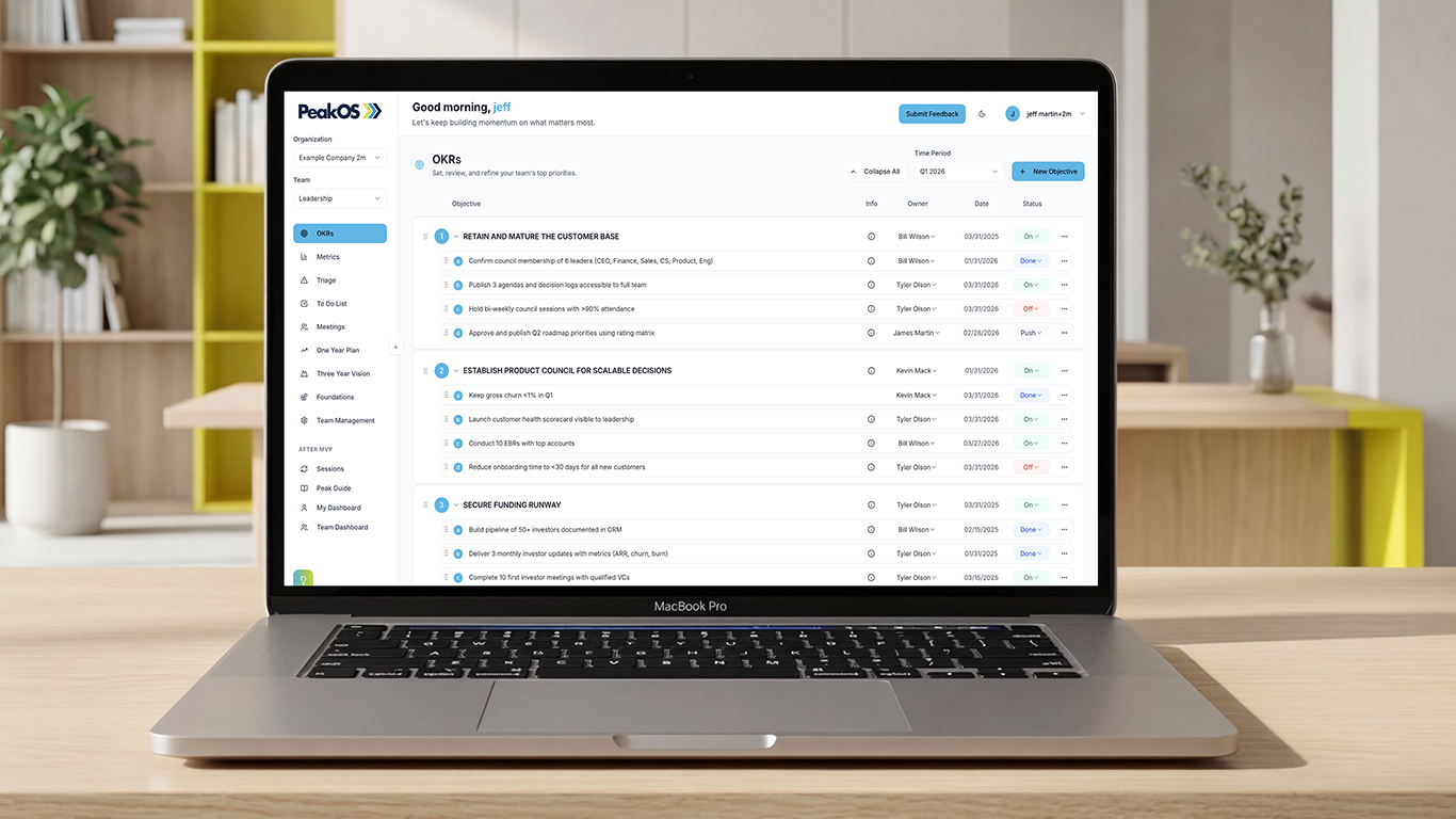 Peak OS OKR screen showing objectives, key results, ownership, and progress