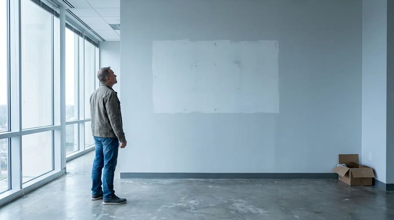 Hombre de unos 50 mirando la marca en la pared donde estuvo el logotipo de una empresa