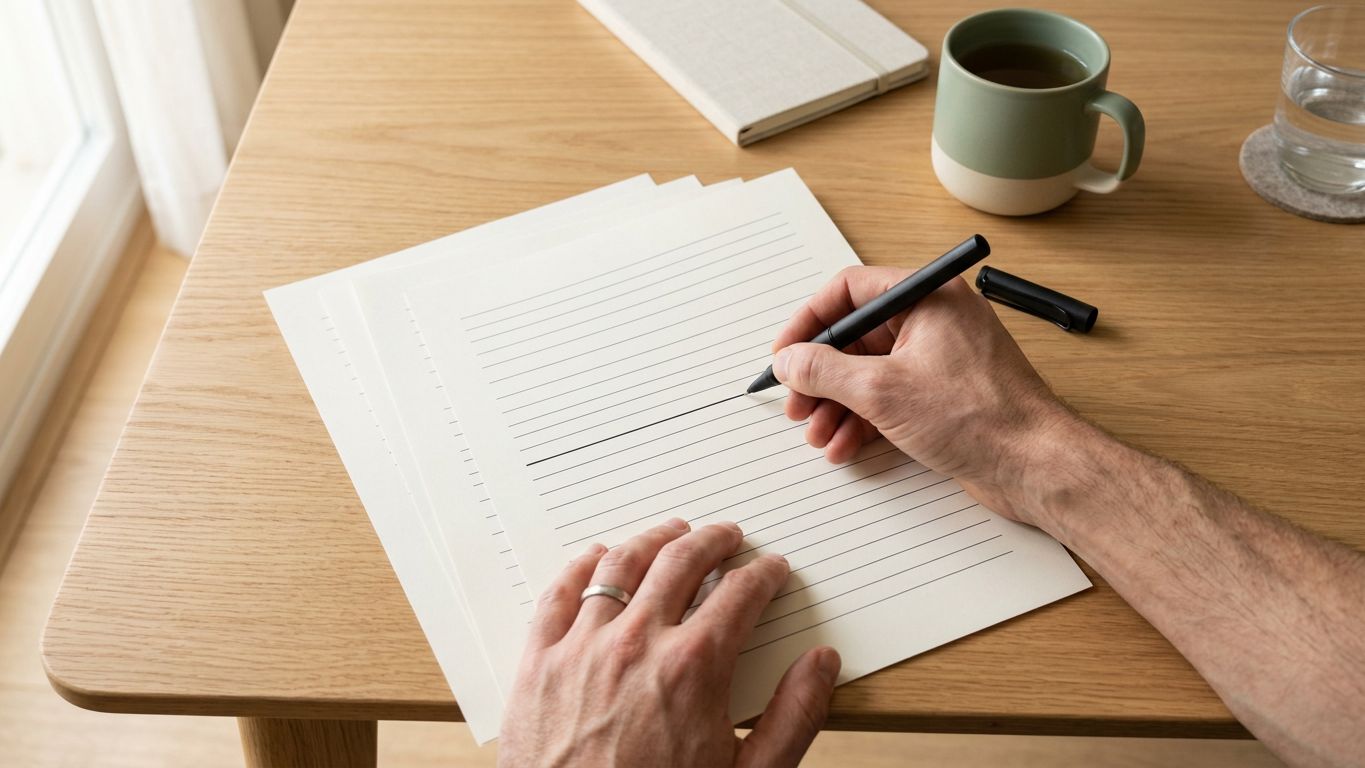 Mesa de trabajo con folios alineados y mano trazando una línea recta: el briefing como punto de partida del proyecto