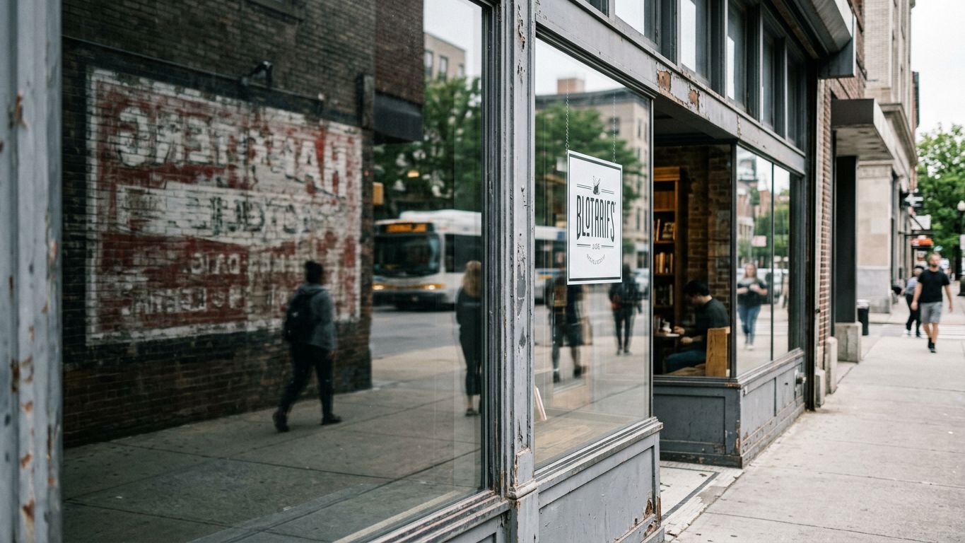 Cristal de escaparate reflejando un letrero borroso al exterior y uno nítido en el interior, metáfora del perfil profesional que posiciona frente al que solo informa