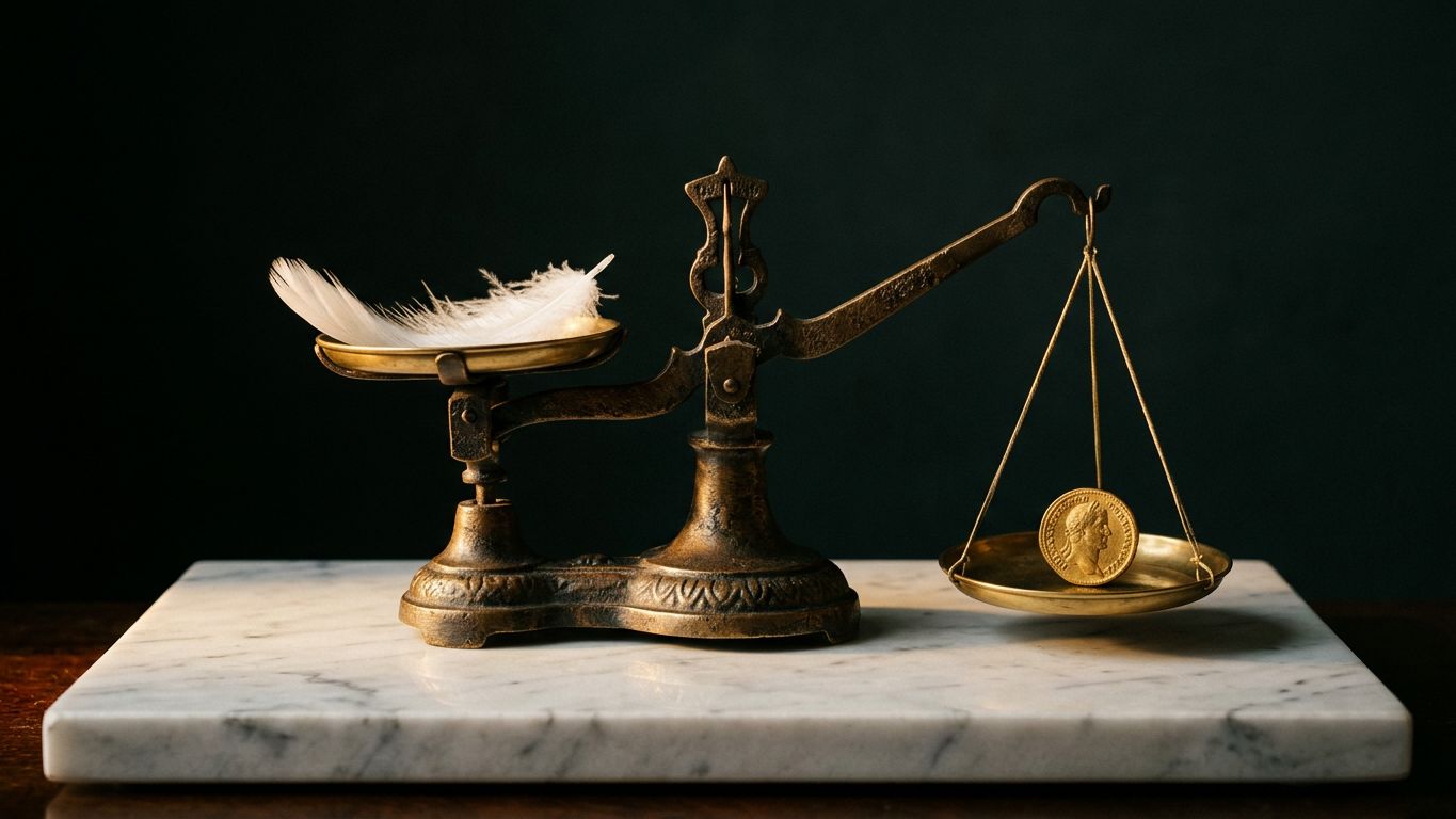 Balanza de precisión de bronce en mármol con una pluma en un platillo y una moneda de oro en el otro, representando el diferente valor percibido entre proceso y resultado