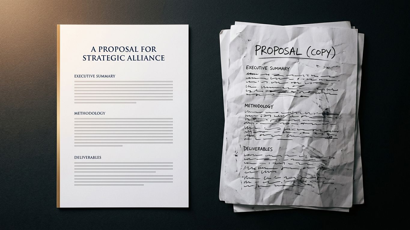 Dos propuestas profesionales vistas desde arriba, una nítida y ordenada y otra arrugada en sombra, ilustrando cómo la forma transmite el criterio.