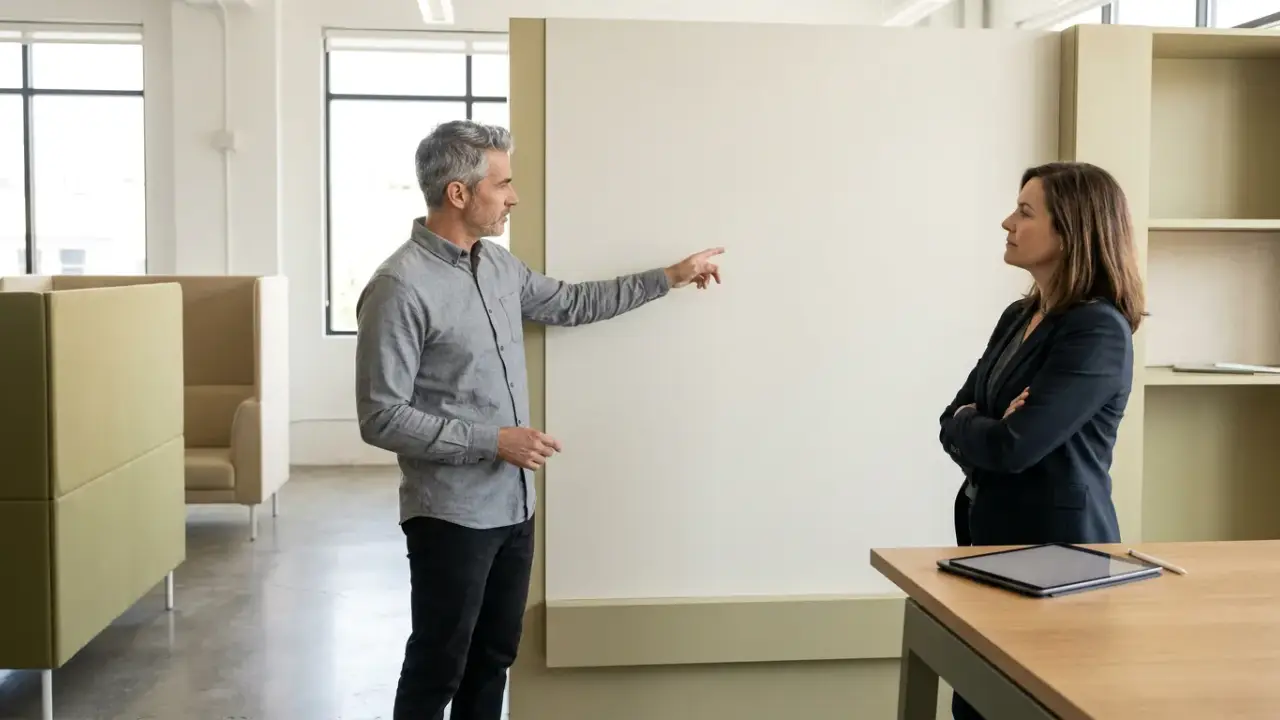 Dos profesionales de pie ante un panel en blanco en un estudio, comentando el planteamiento antes de empezar