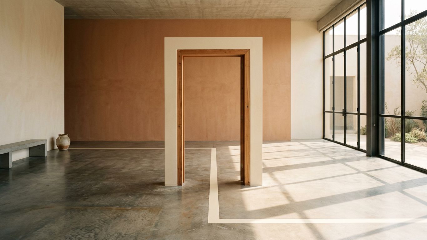Umbral arquitectónico con una línea de límite cruzando el suelo, luz natural cálida, idea de poner condiciones claras.