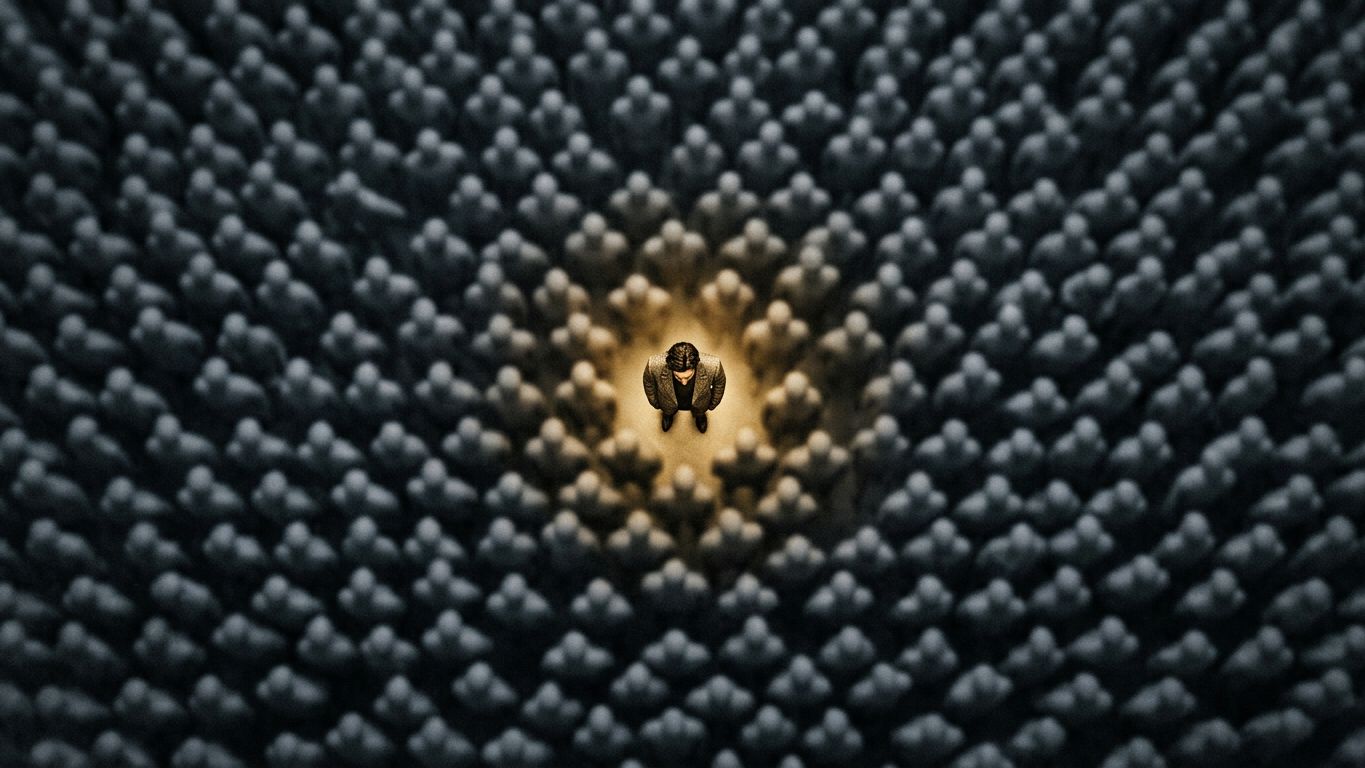 Vista cenital de una multitud gris y difusa con una única figura nítida iluminada en oro, la referencia entre todos.