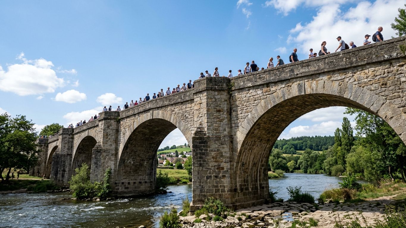 Puente de piedra firme lleno de gente cruzando bajo un cielo despejado, un negocio que se sostiene solo sin su constructor delante.