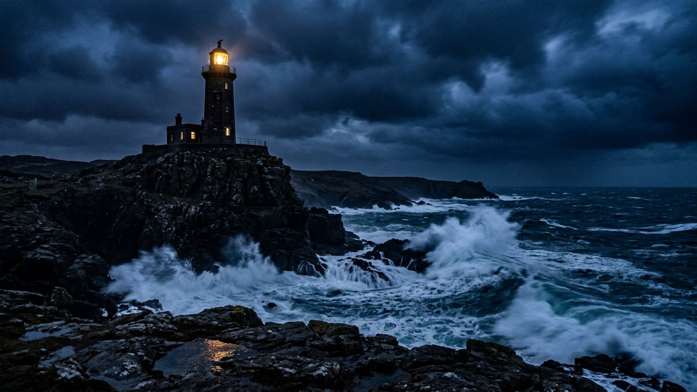 Faro encendido en acantilado con olas rompiendo y cielo dramático, metáfora del negocio que resiste cuando la demanda del sector baja