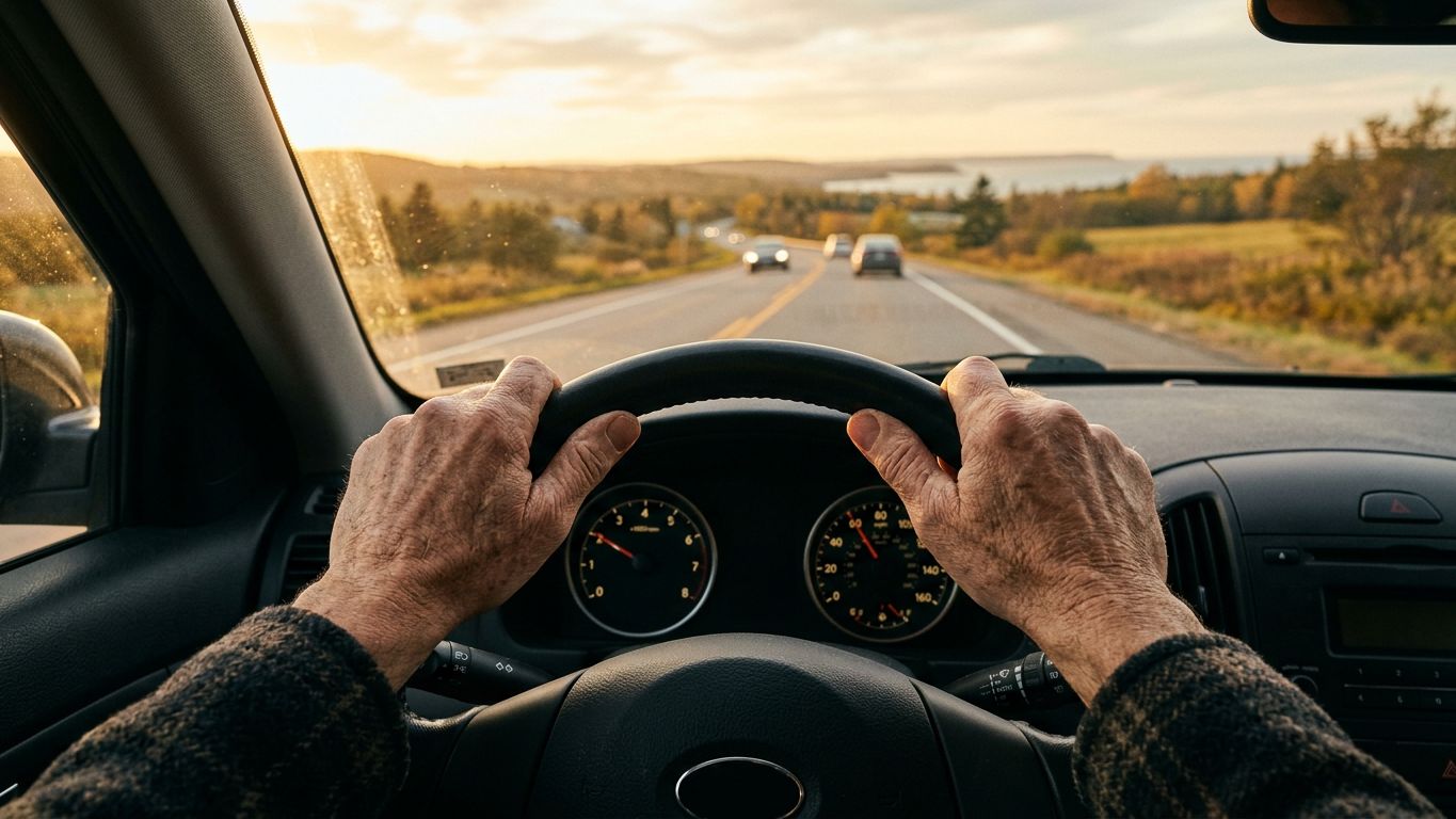 Manos de una persona madura al volante de un coche al atardecer con la carretera abierta por delante, sensación de control