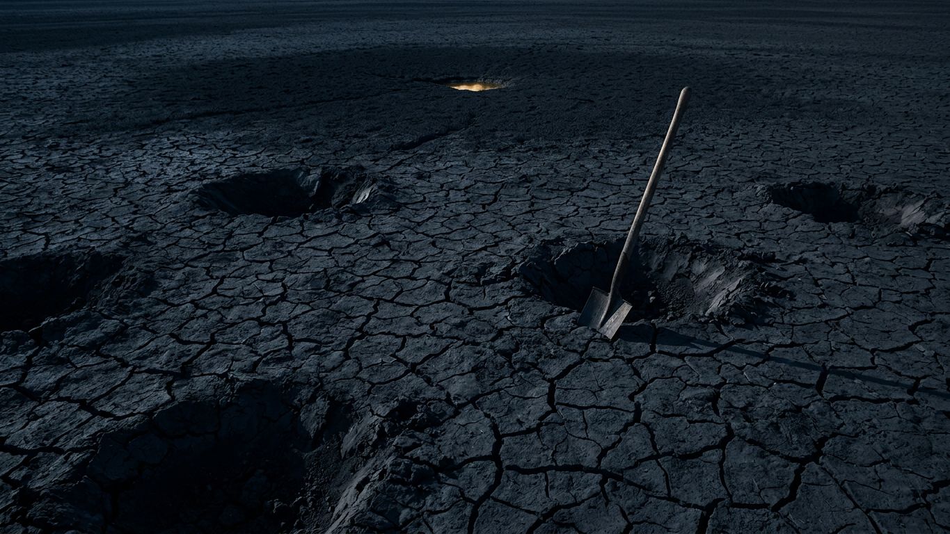 Tierra oscura y agrietada con varios hoyos a medio cavar y abandonados, un brillo dorado de agua lejana sin alcanzar