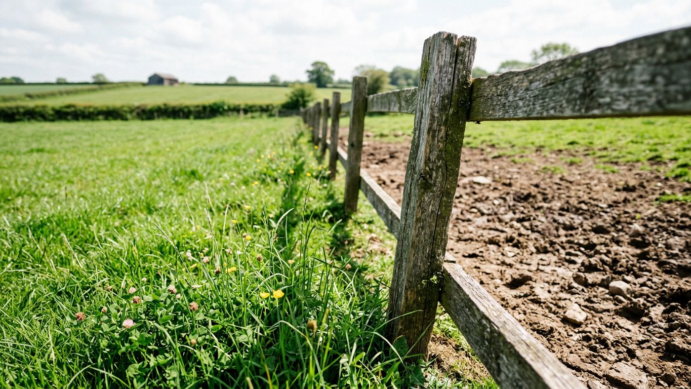 "Valla de madera que separa un campo cuidado de uno pisoteado, metáfora del alcance de un proyecto bien marcado."
