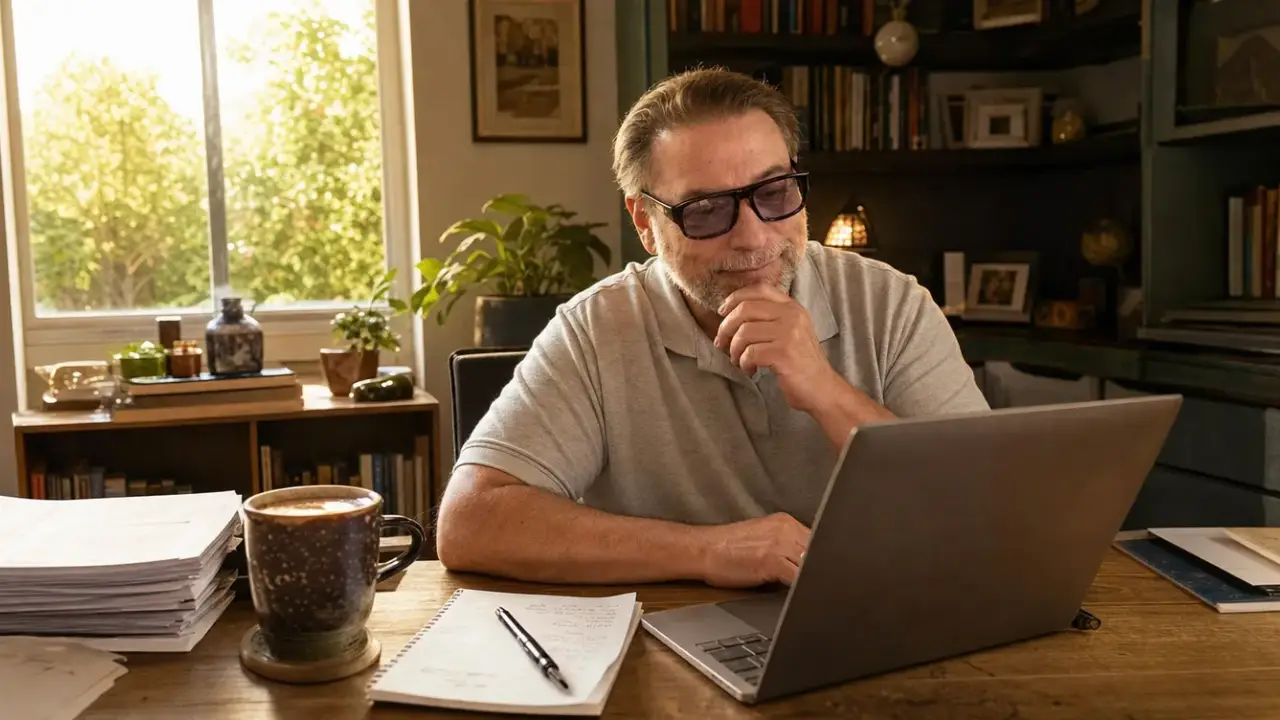 Hombre de mas de cincuenta anos leyendo un mensaje en su portatil en un despacho real con luz de tarde