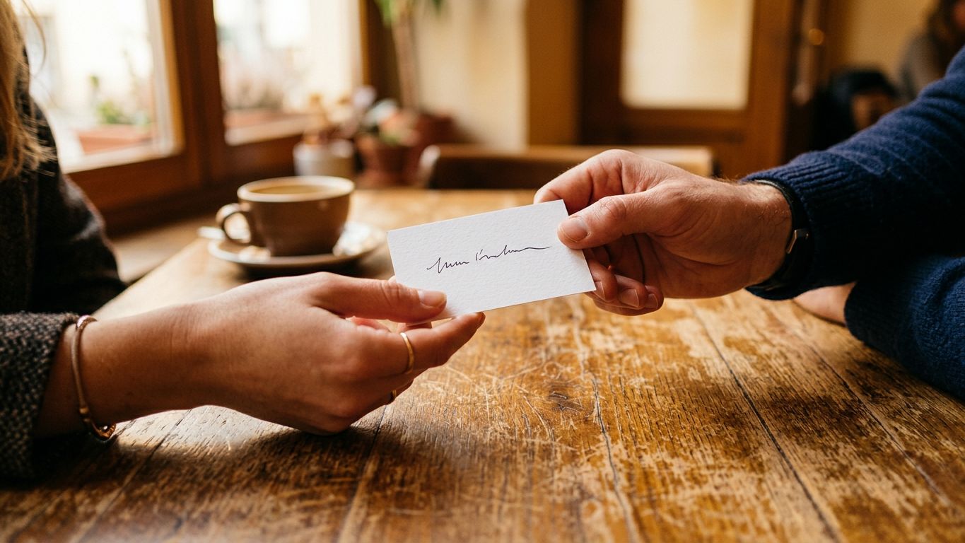 Tarjeta con una frase de posicionamiento pasando de una mano a otra sobre una mesa de madera, simbolizando el mensaje que viaja entre personas