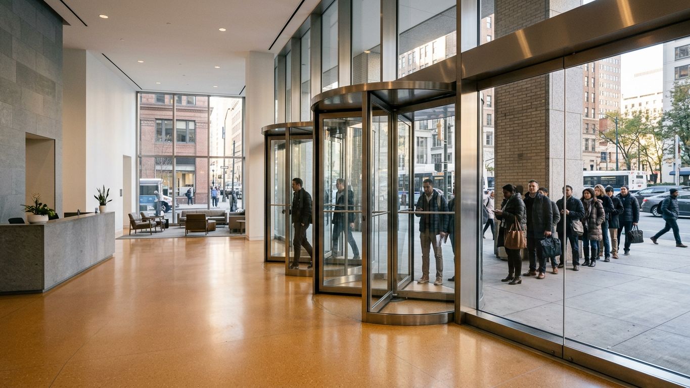 Puerta giratoria en edificio urbano vista desde el interior sereno, cola de personas esperando fuera, metáfora del profesional que siempre tiene trabajo