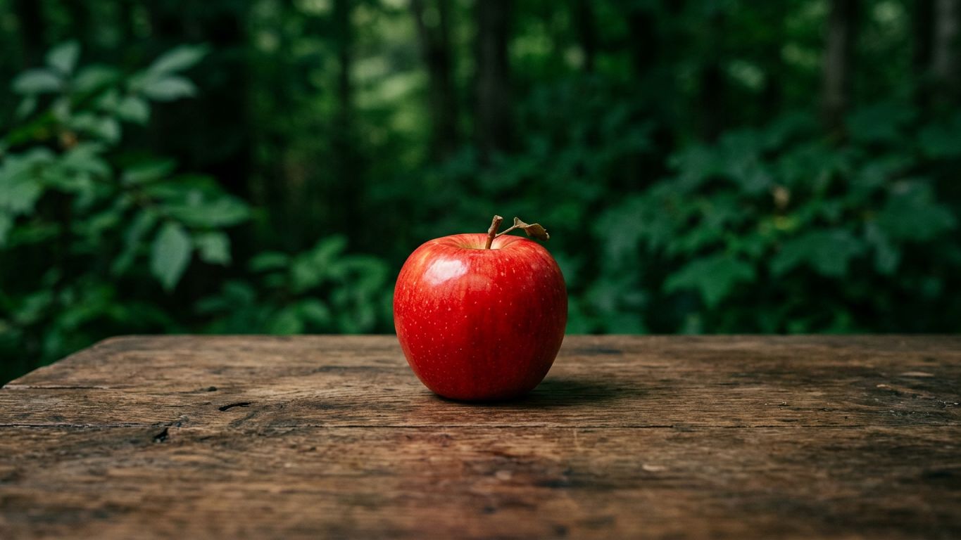 Manzana roja perfecta sobre mesa de madera vacía con fondo verde oscuro, luz difusa lateral, composición minimalista y deliberada