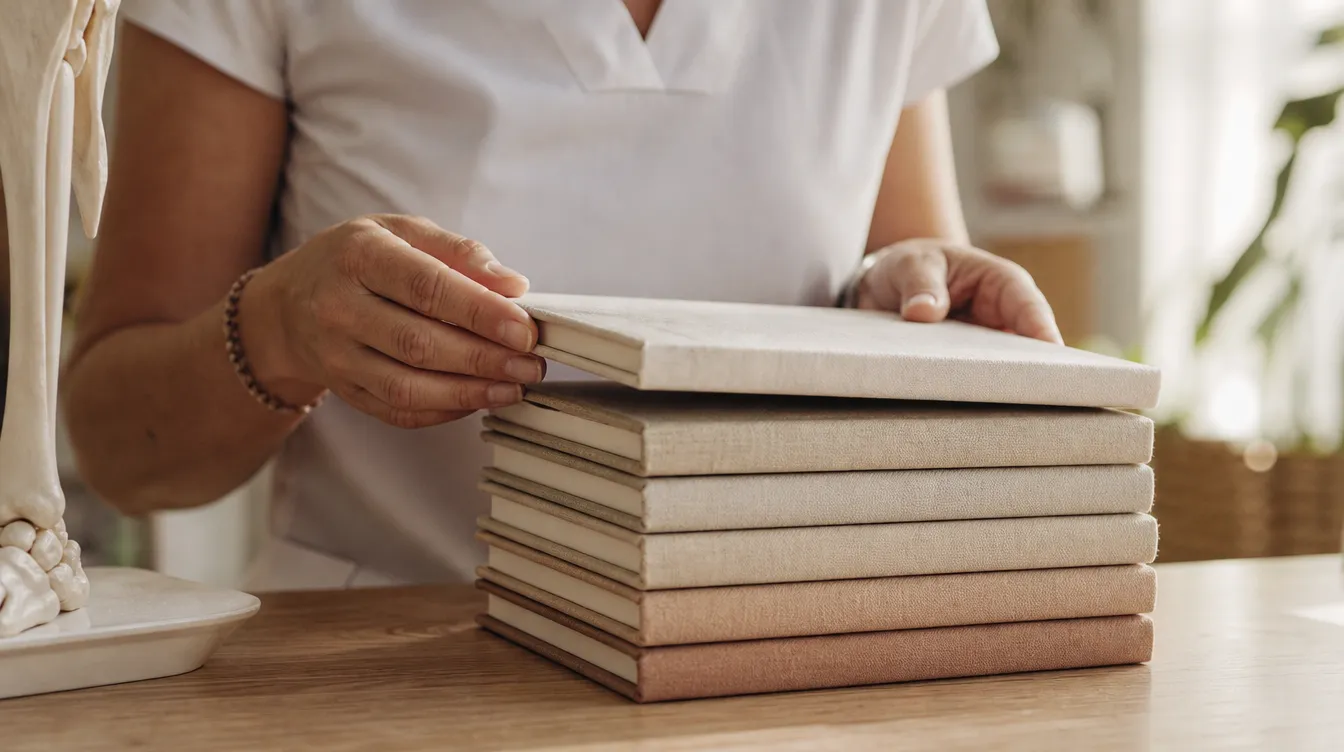 Manos de una fisioterapeuta colocando un cuaderno más sobre una pila ordenada de cuadernos iguales en tonos neutros cálidos