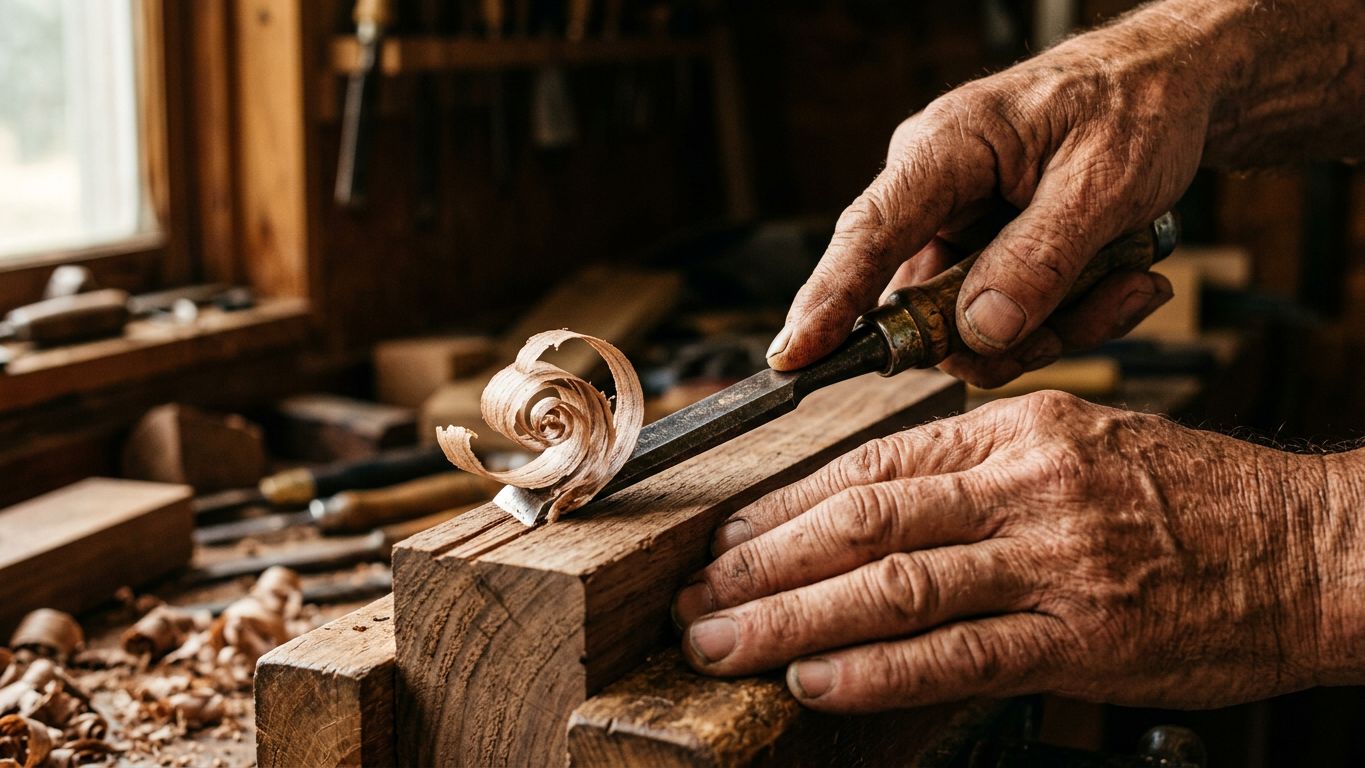 Manos curtidas de un artesano mayor tallando madera con una gubia bajo luz cálida de taller, detalle del oficio