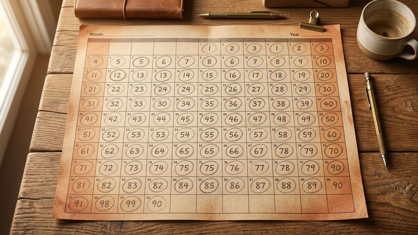 Vista cenital de un calendario de papel con los primeros noventa días marcados a lápiz, luz cálida de oficina