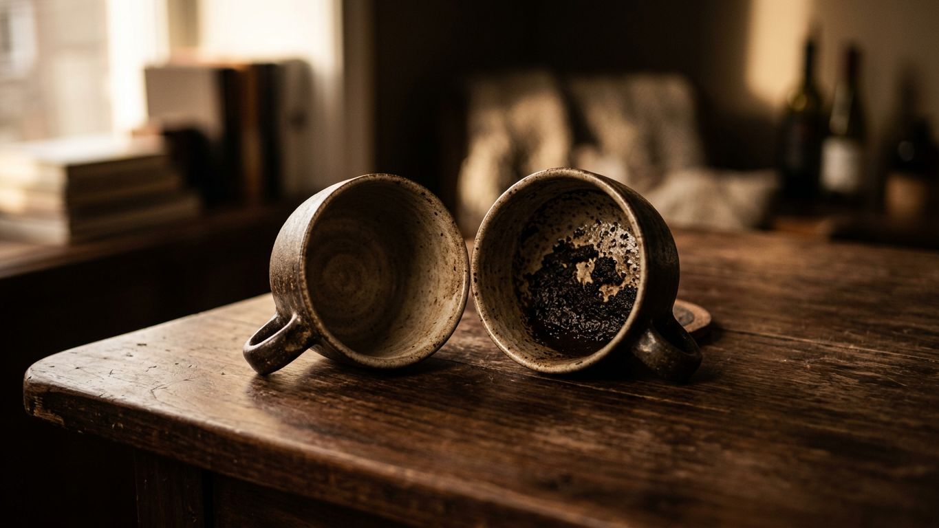 Dos tazas de cerámica enfrentadas sobre mesa de madera oscura, una vacía y otra con poso de café, luz lateral cálida