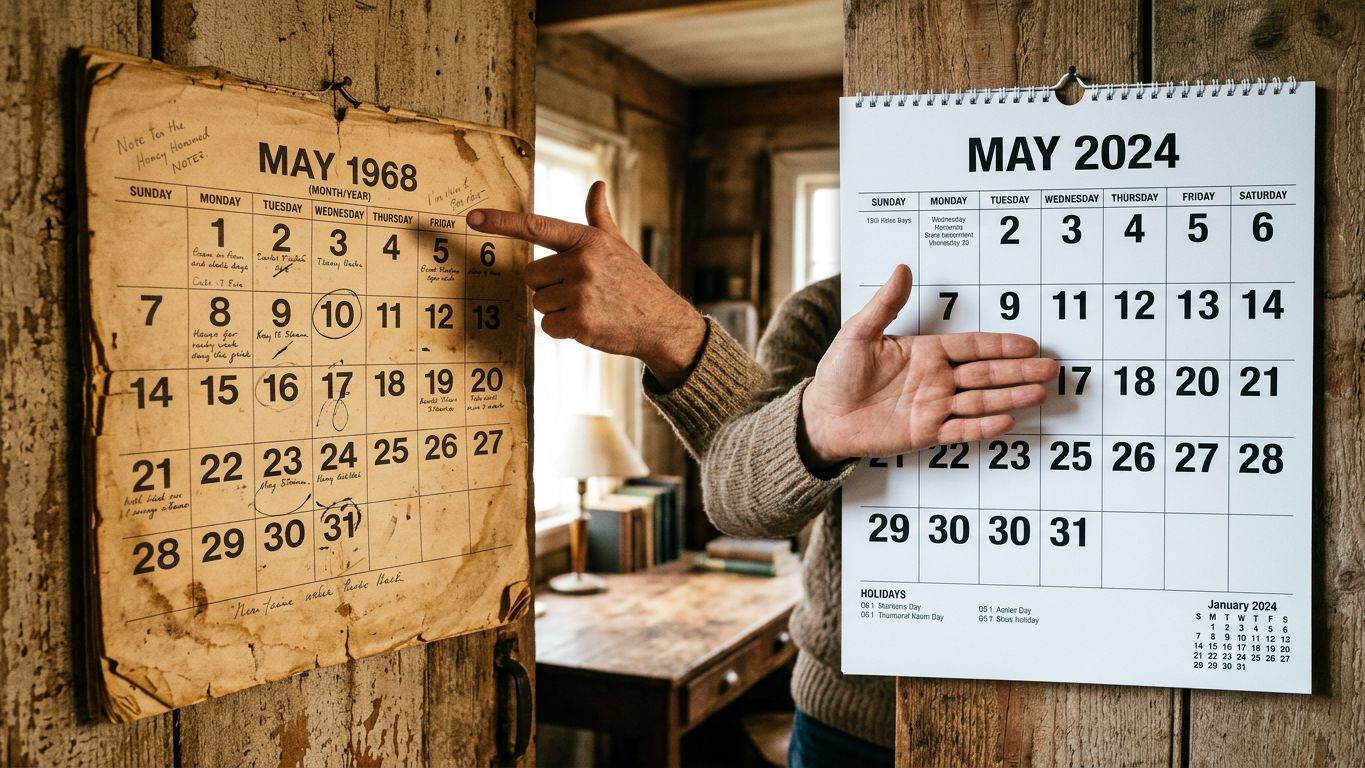 Dos calendarios de pared, uno antiguo y sepia junto a uno actual y limpio, ilustrando la brecha entre la imagen que circula de un profesional y la versión real de hoy