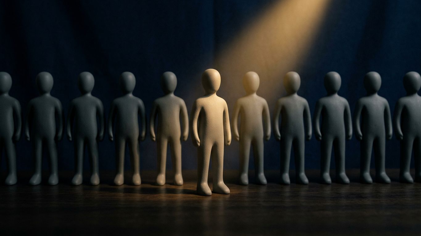 Fila de figuras grises en penumbra y una iluminada en dorado, el profesional visible que resulta elegido