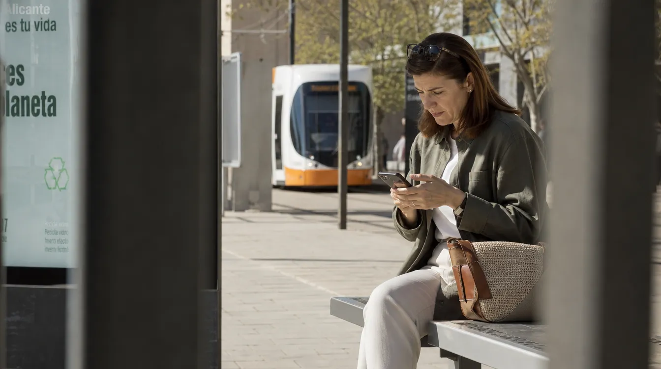 Mujer de unos 45 años sentada en una parada de autobús leyendo con atención en el móvil una mañana soleada en la ciudad