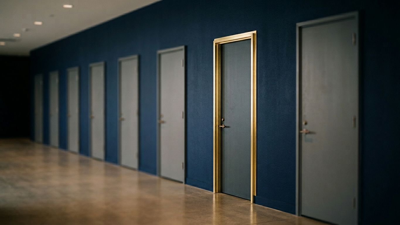 Una puerta dorada nítida entre puertas grises difusas, metáfora del posicionamiento enfocado frente al generalista invisible