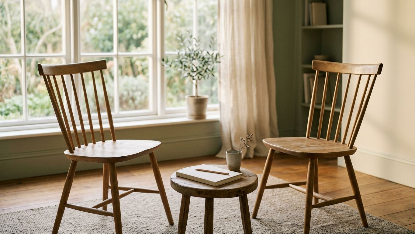 Dos sillas de madera enfrentadas en una sala luminosa con luz de ventana, metáfora de escuchar y diagnosticar al cliente