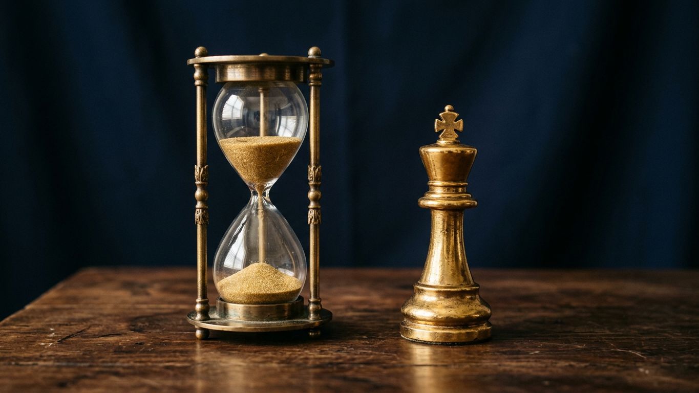 Reloj de arena dorado junto a un rey de ajedrez sobre fondo azul marino: el tiempo frente al criterio